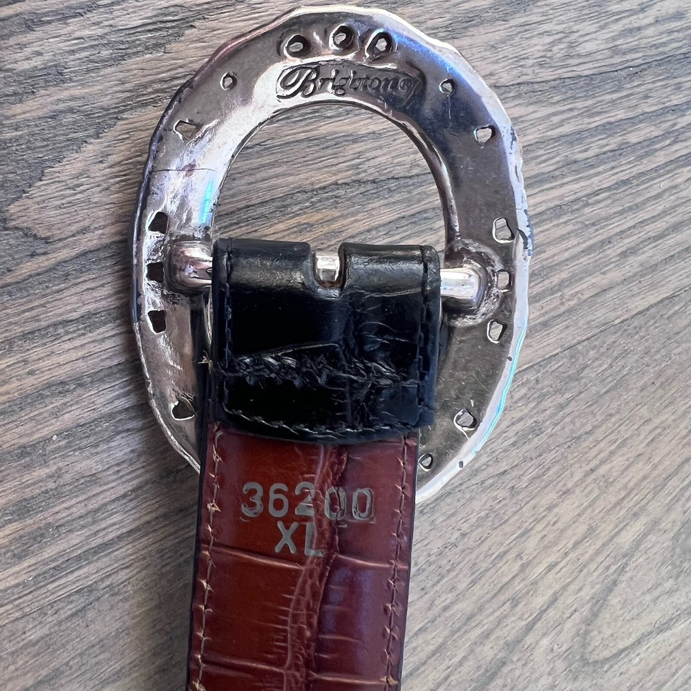 VTG Brighton Reversible Croc Embossed Leather Belt Black Brown Silver Buckle XL - Picture 5 of 7